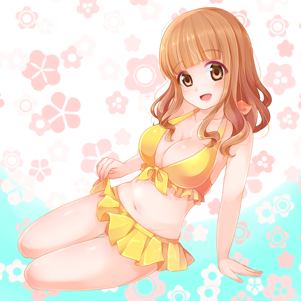 10s, 1girl, arm_support, bikini, bikini_skirt, blunt_bangs, breasts, cleavage