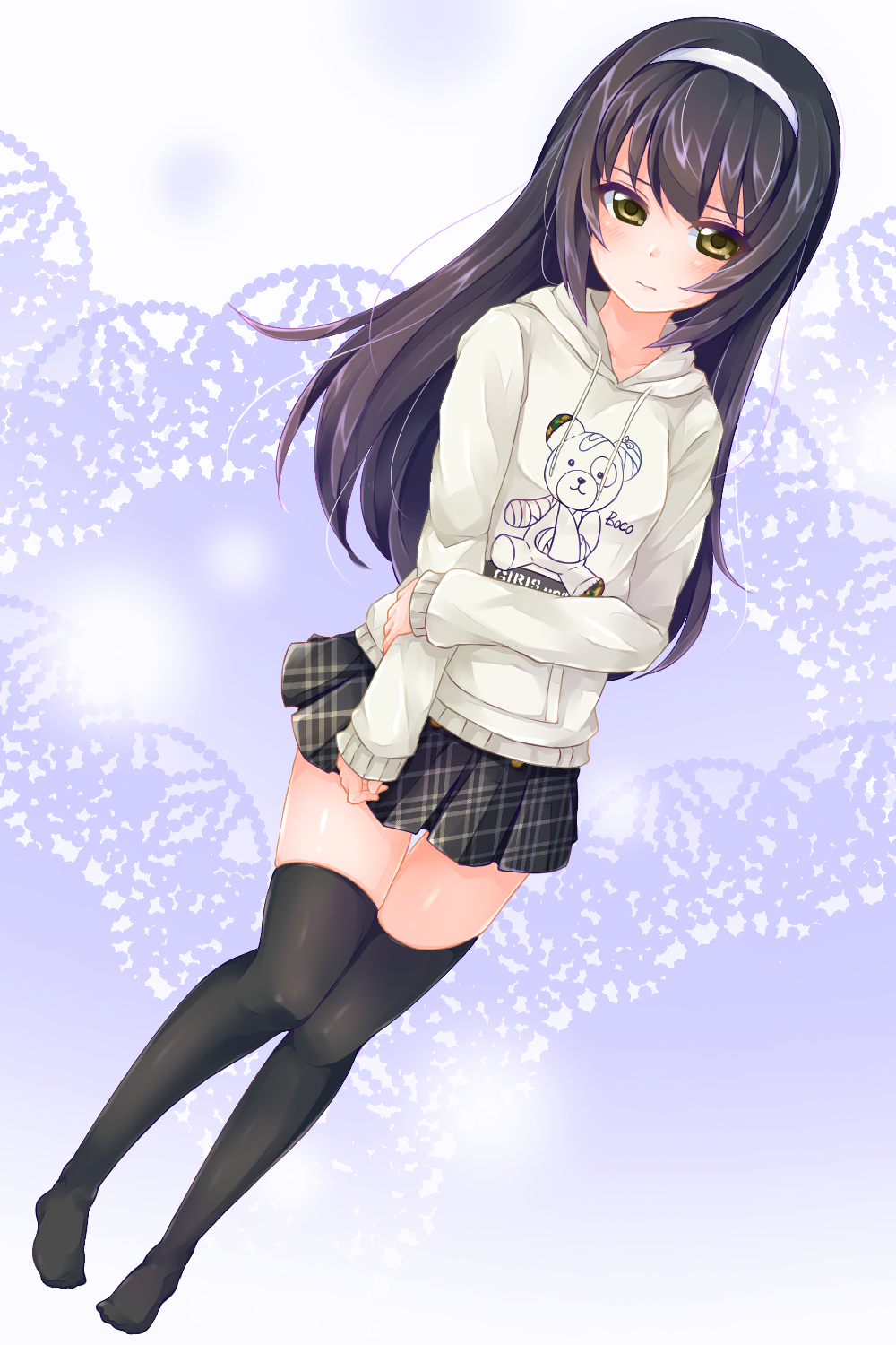 10s, 1girl, animal_print, bandages, bandaid, bear_print, black_hair, black_thighhighs