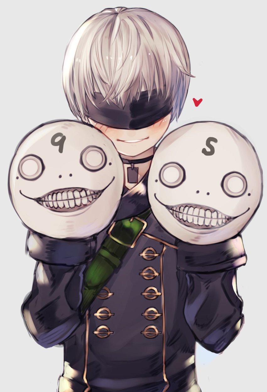 1boy, bad_id, bad_twitter_id, black_shirt, blank_eyes, blindfold, blue_background, blush, choker, commentary_request, emil_(nier), facial_mark, forehead_mark, grin, hand_puppet, head_tilt, heart, highres, long_sleeves, looking_at_viewer, momomo_(user_xnfy4284), nier_(series), nier:automata, parted_lips, puppet, shirt, short_hair, silver_hair, smile, upper_body, 9s_(nier:automata)