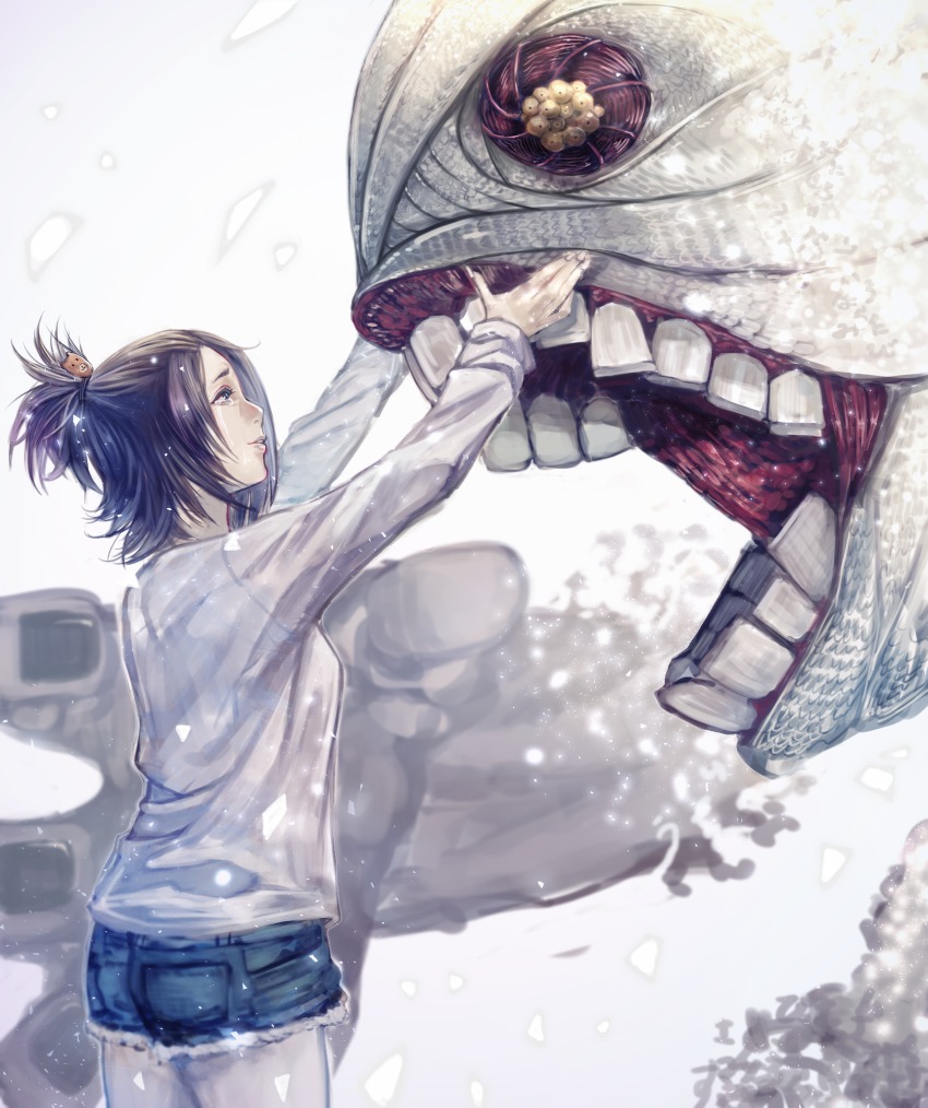 1girl, black_hair, blue_eyes, character_request, commentary_request, crying, crying_with_eyes_open, denim