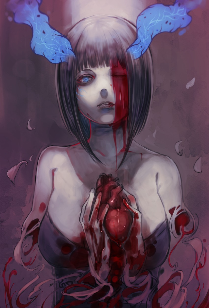 1girl, absurdres, bare_shoulders, black_dress, black_hair, blood, blood_on_clothes, blood_on_face, blood_on_hands, blue_eyes, breasts, character_request, collarbone, commentary_request, dissolving, dress, female_focus, guro, head_tilt, heart, heart_(organ), highres, holding, holding_heart, holding_heart_(organ), large_breasts, looking_at_viewer, major_injury_underreaction, momomo_(user_xnfy4284), parted_lips, short_hair_with_long_locks, solo, yokuoni
