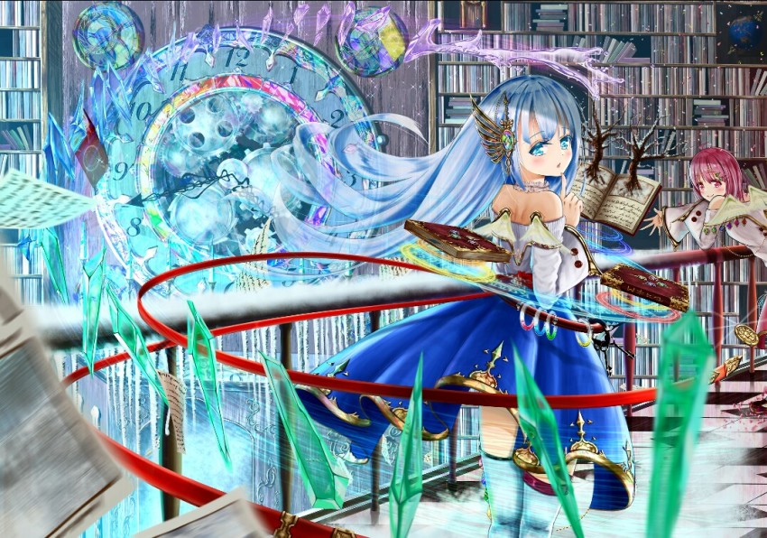 2girls, :o, balcony, bare_tree, belt, blue_eyes, blue_hair, blue_skirt, blue_thighhighs, book, bookshelf, checkered_floor, clock, crystal, detached_sleeves, dress, fantasy, finger_to_own_chin, floating, from_behind, gears, glint, hair_blowing, hair_ornament, indoors, kazari_(1a2b3c4d98721), keyring, layered_dress, levitation, library, light_particles, long_hair, looking_at_viewer, looking_back, magic_circle, magical_girl, medallion, melting, motion_lines, multiple_girls, open_belt, open_book, original, outstretched_hand, paper, pink_eyes, pink_hair, railing, short_hair, skirt, smile, standing, strapless, strapless_dress, thighhighs, tree, water_drop, wide_sleeves, wind, wind_lift, wings