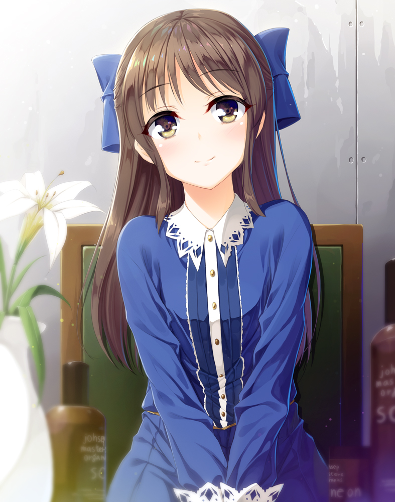 1girl, bad_id, bad_pixiv_id, blue_bow, blue_dress, blush, bottle, bow