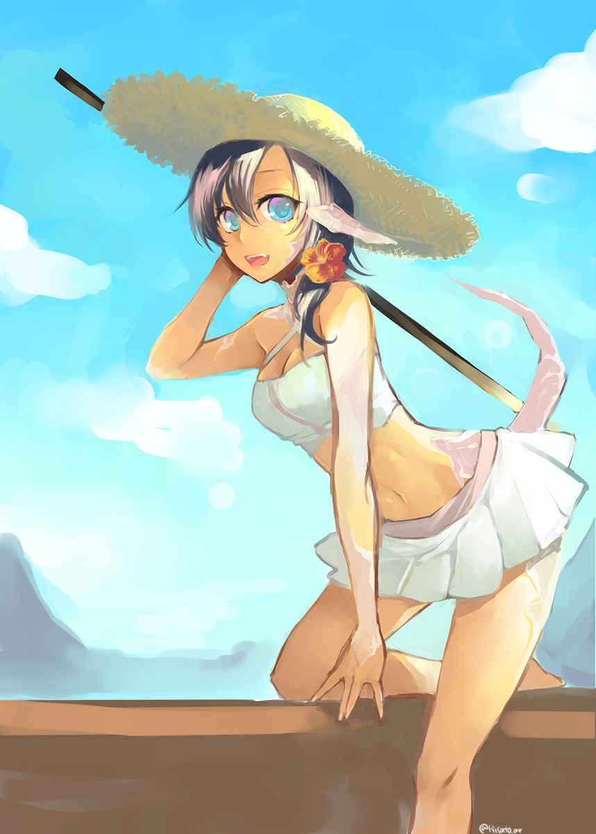 1girl, au_ra, bikini, bikini_skirt, black_hair, blue_eyes, boat, breasts