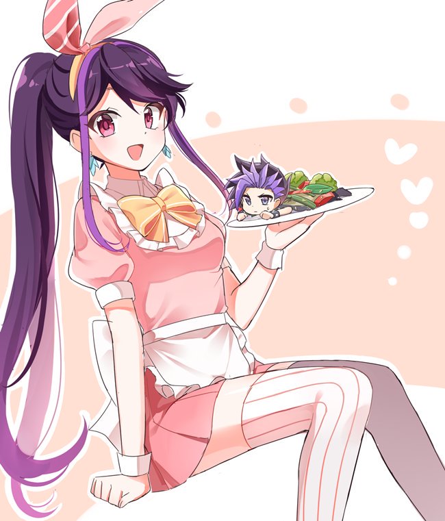 1boy, 1girl, chibi, food, joman, kurosaki_ruri, long_hair, multicolored_hair