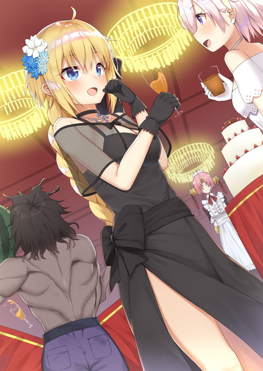 1boy, 3girls, black_bow, black_dress, black_gloves, black_hair, blonde_hair, blue_eyes, blue_flower, blue_pants, bow, braid, breasts, cake, cleavage, cup, dark_skin, dress, drinking_glass, dutch_angle, fate/grand_order, fate_(series), flower, food, frankenstein's_monster_(fate), frankenstein's_monster_(formal_dress)_(fate), from_below, gloves, hair_between_eyes, hair_flower, hair_ornament, heracles_(fate), heracles_(formal_dress)_(fate), highres, holding, holding_cup, holding_drinking_glass, indoors, jeanne_d'arc_(fate), jeanne_d'arc_(formal_dress)_(fate), jeanne_d'arc_(ruler)_(fate), jewelry, long_hair, maid, mash_kyrielight, mash_kyrielight_(formal_dress), medium_breasts, multiple_girls, neck_ribbon, necklace, official_alternate_costume, pants, pink_hair, purple_eyes, red_ribbon, ribbon, see-through_clothes, short_hair, sleeveless, sleeveless_dress, white_dress, white_flower