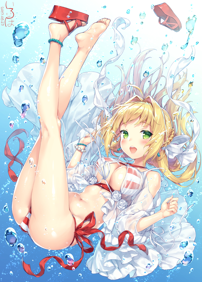 1girl, :d, ahoge, air_bubble, artist_name, ass, bad_id, bad_pixiv_id, barefoot, bikini, blonde_hair, blush, bracelet, braid, breasts, bubble, cleavage, closed_mouth, criss-cross_halter, dated, earrings, fate/grand_order, fate_(series), feet, female_focus, front-tie_top, full_body, green_eyes, hair_intakes, halterneck, highres, jewelry, kirisame_iroha, large_breasts, legs_up, long_hair, navel, nero_claudius_(fate), nero_claudius_(fate/extra), nero_claudius_(swimsuit_caster)_(fate), nero_claudius_(swimsuit_caster)_(third_ascension)_(fate), open_mouth, right_shoe_removed, sandals, see-through_clothes, shoes, side-tie_bikini_bottom, single_sandal, single_shoe, smile, soles, solo, striped_bikini, striped_clothes, swimsuit, toes, underboob, underwater, unworn_shoes