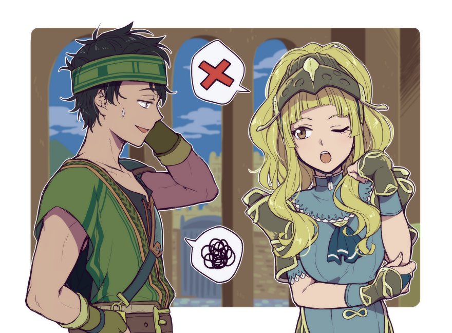 1boy, 1girl, arm_guards, armor, black_hair, blonde_hair, brown_eyes, brown_hair