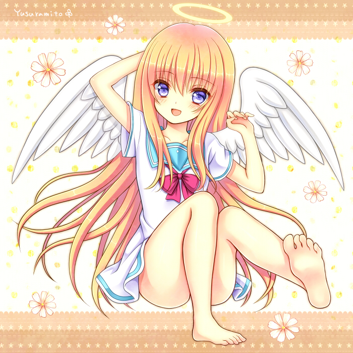 1girl, angel, angel_wings, arm_behind_head, barefoot, blonde_hair, blue_eyes, blush
