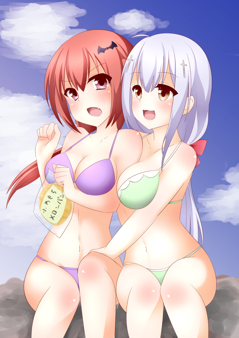 >:o, 2girls, :3, :o, ahoge, bad_id, bad_pixiv_id, bat_hair_ornament, bikini, blunt_bangs, blush, bow, bread, breasts, brown_eyes, cleavage, cloud, cross_hair_ornament, day, fang, food, gabriel_dropout, green_bikini, hair_bow, hair_ornament, holding_another's_leg, holding_another's_thighs, low_twintails, melon_bread, midriff, multiple_girls, navel, open_mouth, ponytail, purple_bikini, purple_eyes, raphiel_shiraha_ainsworth, red_hair, satanichia_kurumizawa_mcdowell, sitting, sky, struts, swimsuit, twintails, v-shaped_eyebrows, white_hair, yuri