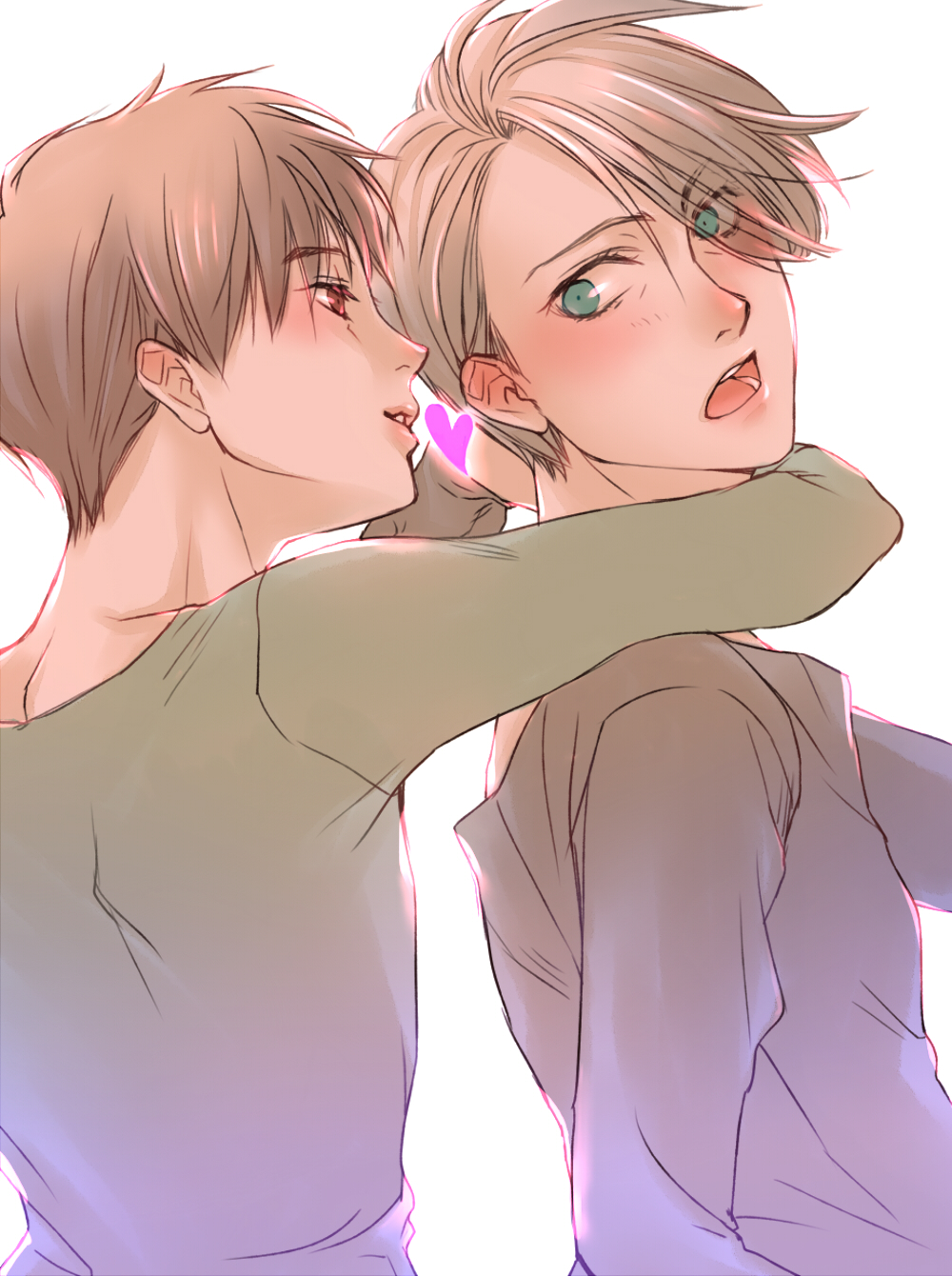 10s, 2boys, black_hair, blue_eyes, brown_eyes, heart, highres, hug, hug_from_behind, katsuki_yuuri, male_focus, marine_(1894271), multiple_boys, open_mouth, silver_hair, smile, viktor_nikiforov, yaoi, yuri!!!_on_ice