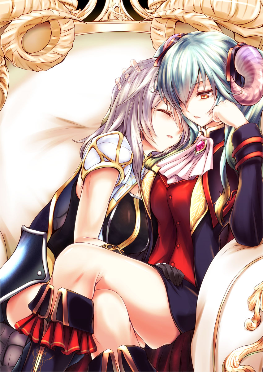 2girls, aqua_hair, ascot, black_gloves, boots, brooch, closed_eyes, commentary