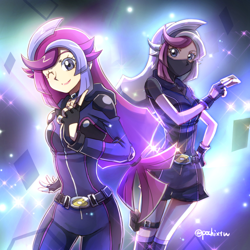 1girl, alternate_hair_color, backlighting, bessho_emma, bodysuit, breasts, card, covering_own_mouth, cowboy_shot, dual_persona, emma_bessho, female_focus, fingerless_gloves, ghost_girl_(yu-gi-oh!_vrains), gloves, grey_eyes, hand_on_own_hip, long_hair, low-tied_long_hair, mask, mouth_mask, one_eye_closed, pochi_(furaigonn), purple_thighhighs, solo, sparkle, standing, swept_bangs, thighhighs, very_long_hair, yu-gi-oh!, yu-gi-oh!_vrains, yuu-gi-ou, yuu-gi-ou_vrains