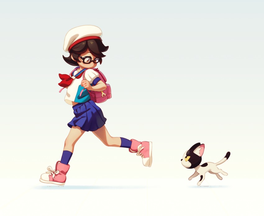 1girl, alkemanubis, atom:_the_beginning, backpack, bag, beret, black-framed_eyewear, brown_hair, cat, f14_(tetsuwan_atom), glasses, hat, highres, ochanomizu_ran, puffy_short_sleeves, puffy_sleeves, running, school_uniform, serafuku, short_hair, short_sleeves, simple_background