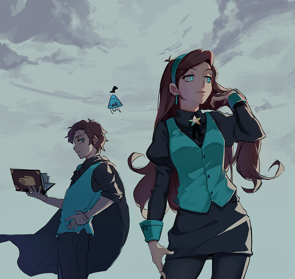 1boy, 1girl, 8c, adjusting_hair, alternate_universe, aqua_eyes, aqua_vest, bill_cipher