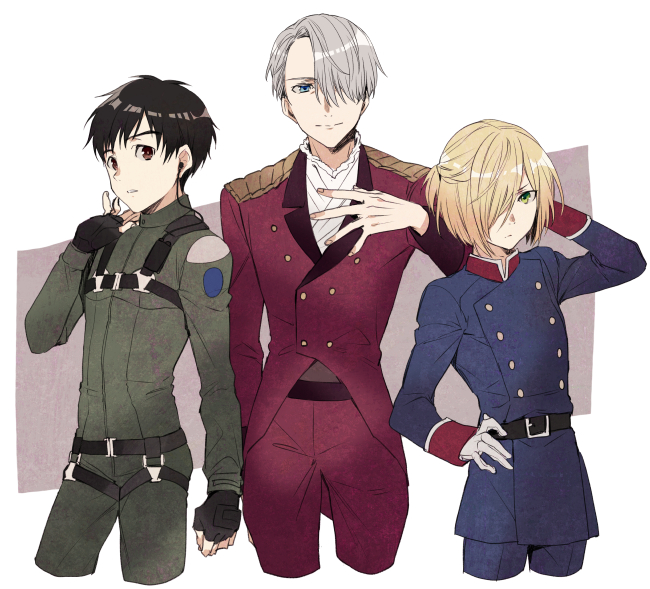 3boys, aldnoah.zero, black_hair, blonde_hair, blue_eyes, brown_eyes, cosplay, earbuds