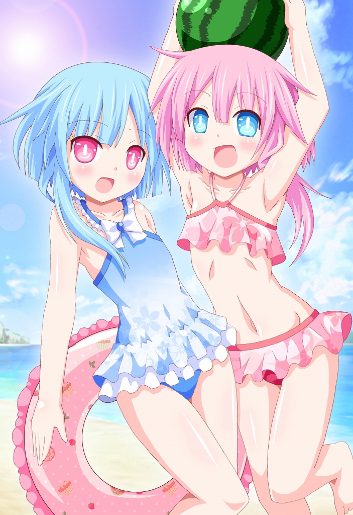2girls, bare_shoulders, beach, bikini, blue_eyes, blue_hair, blush, day, female_focus, food, fruit, innertube, kagerou_(kers), long_hair, looking_at_viewer, multiple_girls, navel, neptune_(series), ocean, one-piece_swimsuit, open_mouth, pink_eyes, pink_hair, power_symbol, power_symbol-shaped_pupils, ram_(neptunia), rom_(neptunia), siblings, smile, swim_ring, swimsuit, symbol-shaped_pupils, watermelon, white_sister_ram, white_sister_rom