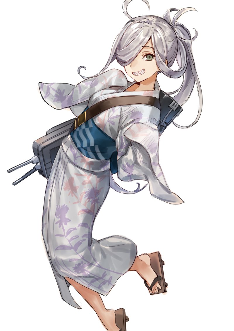 10s, 1girl, ahoge, asashimo_(kancolle), asashimo_(yukata)_(kancolle), female_focus, geta, green_eyes