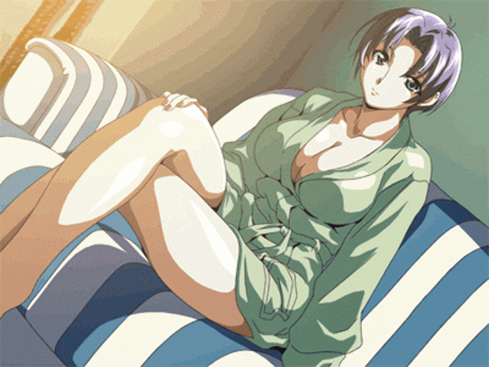 1girl, animated, animated_gif, bathrobe, blue_eyes, breasts, center_opening, cleavage, collarbone, couch, crossed_arms, crossed_legs, dutch_angle, female_focus, green_(game), indoors, large_breasts, legs, looking_at_viewer, looping_animation, mature_female, purple_hair, robe, shiny_skin, short_hair, sitting, solo, takahashi_kanako, third-party_edit