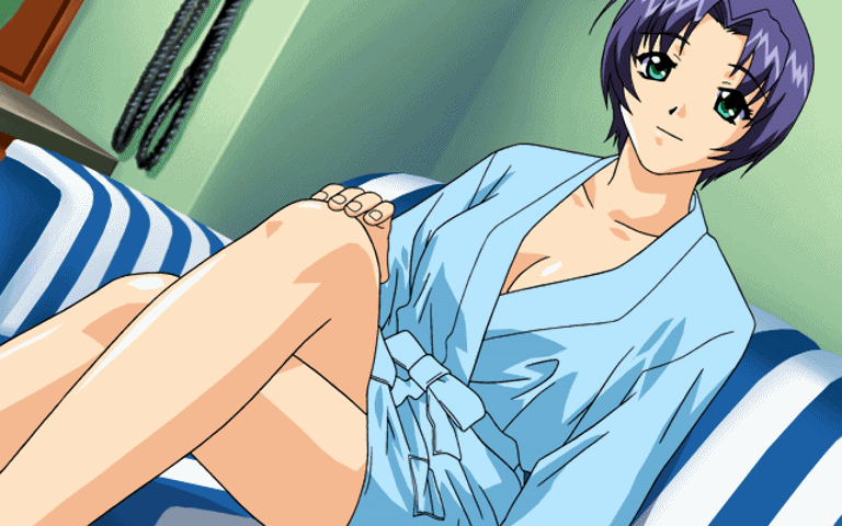 1girl, animated, animated_gif, bathrobe, breasts, center_opening, cleavage, collarbone, couch, crossed_arms, crossed_legs, dutch_angle, female_focus, green_(game), green_eyes, indoors, large_breasts, legs, looking_at_viewer, looping_animation, mature_female, purple_hair, robe, shiny_skin, short_hair, sitting, solo, takahashi_kanako, third-party_edit