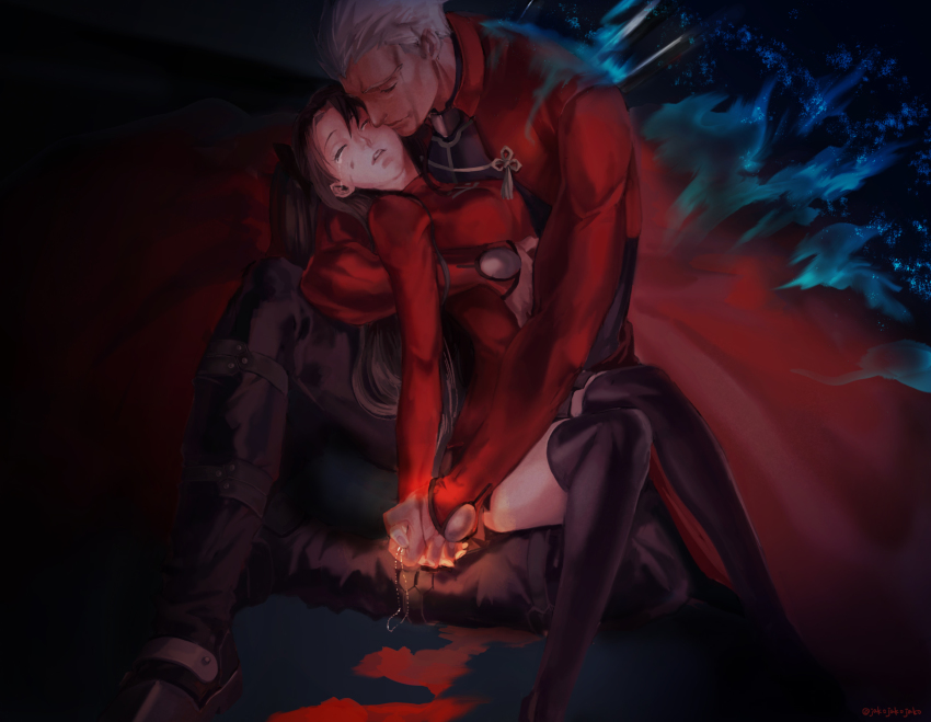 1boy, 1girl, archer_(fate), black_hair, black_ribbon, black_skirt, black_thighhighs, blood