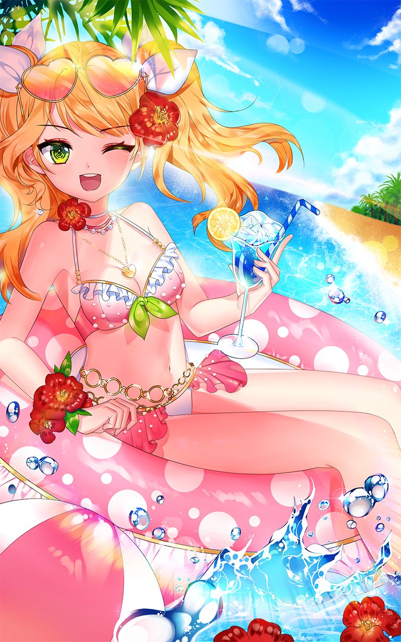 1girl, bad_id, bad_pixiv_id, ball, beachball, bikini, bikini_skirt, breasts, cleavage, cup, drinking_glass, drinking_straw, eyewear_on_head, female_focus, flower, green_eyes, hair_flower, hair_ornament, heart, heart-shaped_eyewear, heart-shaped_sunglasses, heart_necklace, highres, holding, holding_cup, holding_drinking_glass, innertube, jewelry, large_breasts, looking_at_viewer, necklace, one_eye_closed, original, pink_bikini, solo, sunglasses, swim_ring, swimsuit, unipong