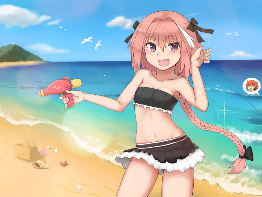 2girls, absurdres, alternate_costume, astolfo_(fate), beach, black_bow, blush, bow