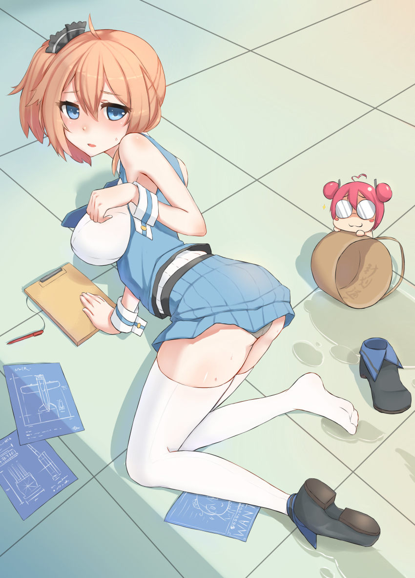 2girls, absurdres, all_fours, ass, blue_eyes, blue_necktie, blueprint_(object), blush