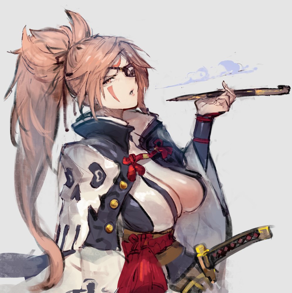 1girl, baiken, breasts, cleavage, female_focus, guilty_gear, guilty_gear_xrd, japanese_clothes