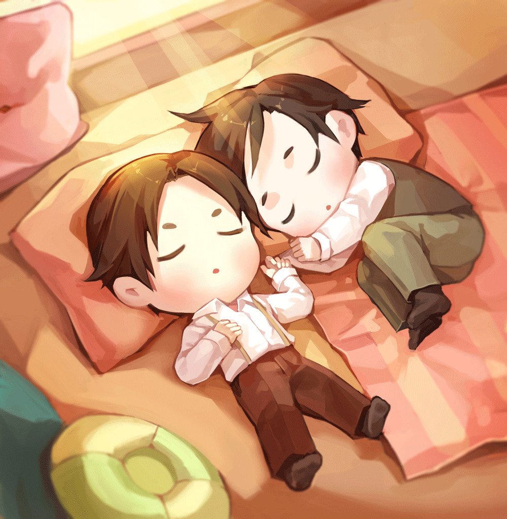 2boys, animated, bed, bed_sheet, blanket, brown_hair, brown_pants, chibi