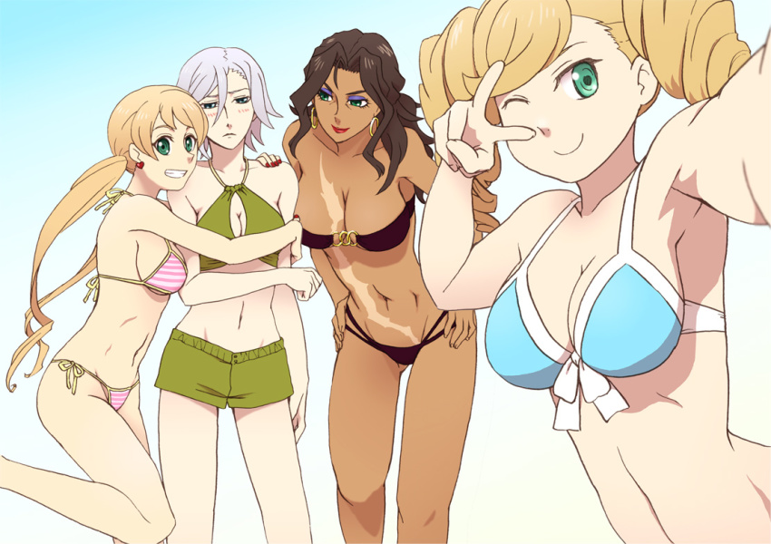 4girls, amida_arca, azee_gurumin, bare_shoulders, bikini, black_bikini, blonde_hair, blue_eyes, blush, breasts, brown_hair, cleavage, dark-skinned_female, dark_skin, earrings, eco_turbine, embarrassed, eyeshadow, female_focus, green_eyes, green_shorts, gundam, gundam_tekketsu_no_orphans, hands_on_own_hips, hoop_earrings, jewelry, lafter_frankland, large_breasts, lipstick, long_hair, makeup, multiple_girls, nail_polish, navel, one_eye_closed, red_lips, scar, selfie, short_hair, shorts, side-tie_bikini_bottom, sideboob, silver_hair, smile, standing, strapless, strapless_bikini, striped_bikini, striped_clothes, swimsuit, twintails, underboob, v, wink