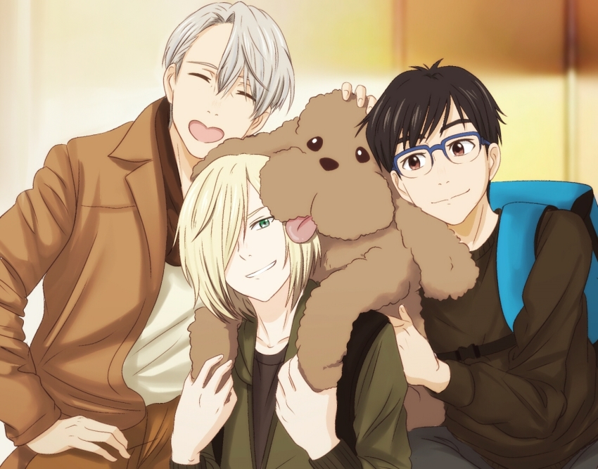 10s, 3boys, ^_^, backpack, bag, black_hair, blonde_hair, blue-framed_eyewear