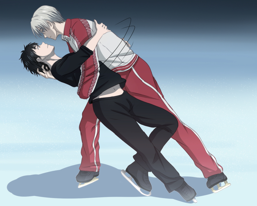 10s, 2boys, arm_around_another's_waist, black_hair, blue_eyes, brown_eyes, cubisticking, eye_contact