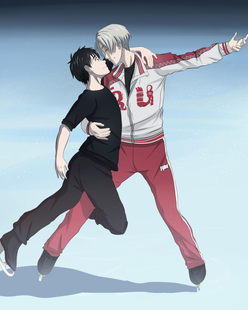 10s, 2boys, arm_around_another's_waist, black_hair, brown_eyes, closed_eyes, cubisticking, eye_contact