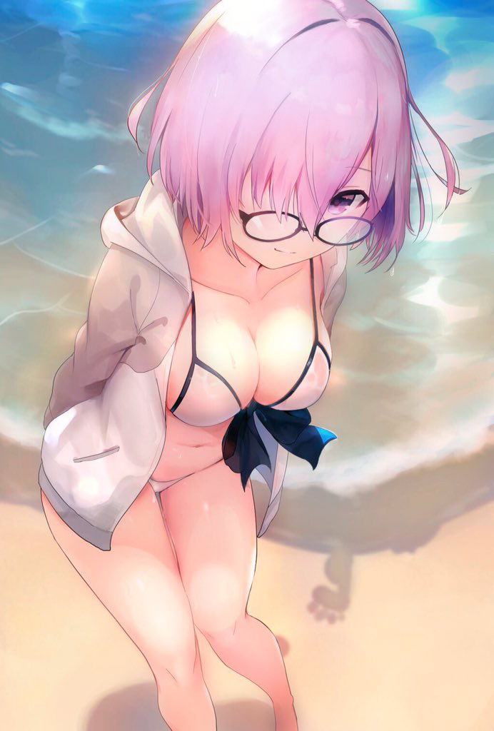 1girl, arms_behind_back, bare_legs, barefoot, beach, bikini, black-framed_eyewear, breasts