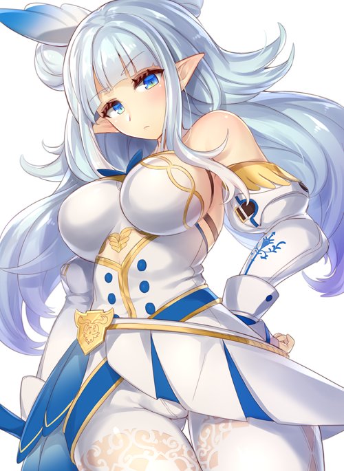 1girl, bare_shoulders, blue_bow, blue_eyes, blunt_bangs, blush, bow, breasts, detached_sleeves, emblem, feather_hair_ornament, feathers, female_focus, fringe_trim, hair_ornament, hand_on_own_hip, hariette_renata_reina_cuento, hip_focus, large_breasts, long_hair, looking_at_viewer, phantasy_star, phantasy_star_online_2, pointy_ears, pokoten_(pokoten718), puffy_sleeves, raised_eyebrow, sash, silver_hair, simple_background, solo, sword_hilt, uniform, white_background, wrist_cuffs