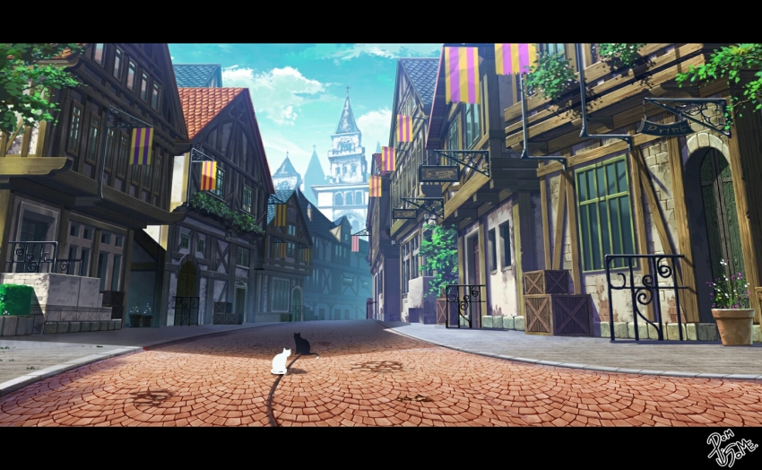 black_cat, blue_sky, castle, cat, cityscape, cloud, cloudy_sky, commentary