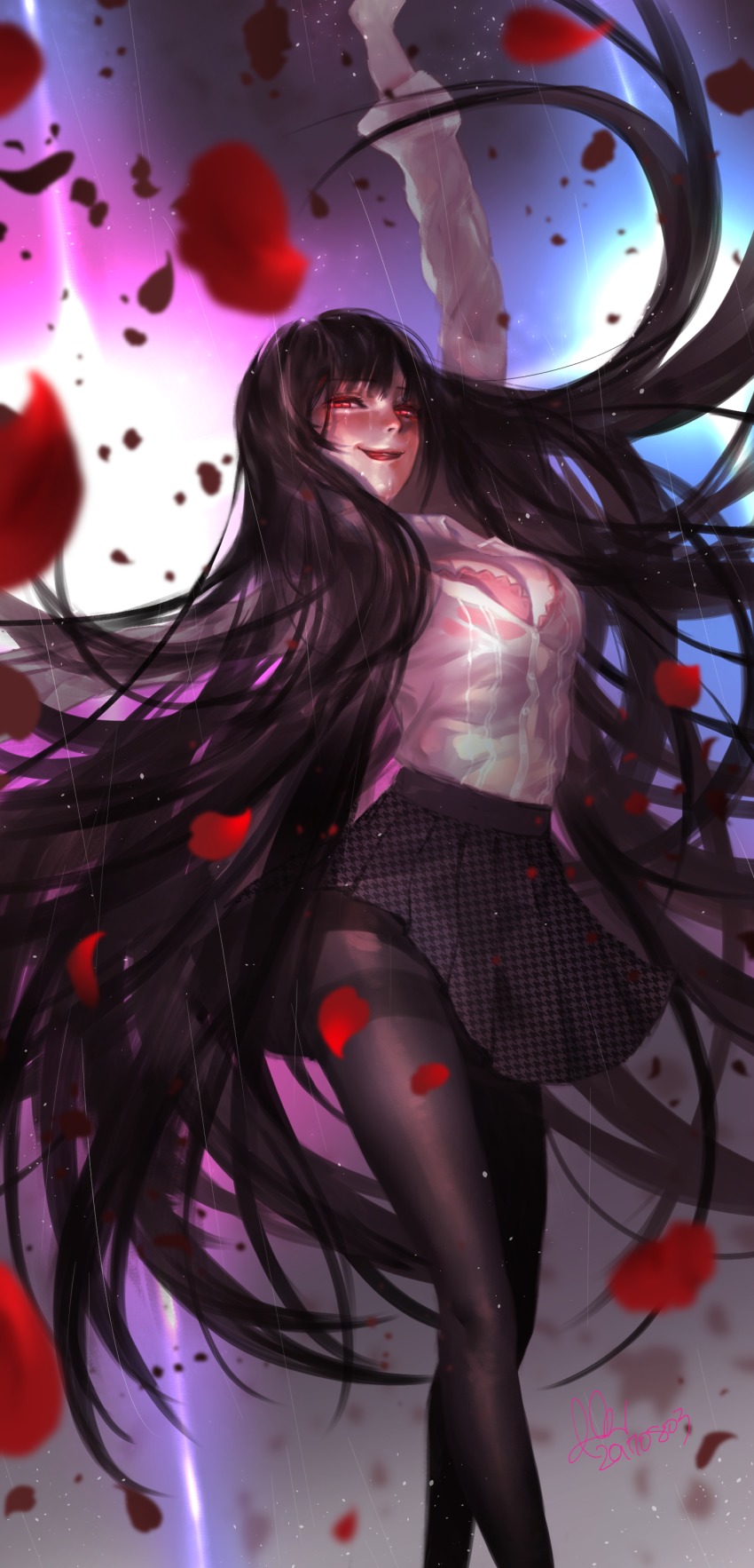 1girl, absurdres, arm_up, black_hair, black_pantyhose, black_skirt, breasts, cleavage, dated, female_focus, highres, hutagi_rouka, jabami_yumeko, kakegurui, long_hair, pantyhose, petals, red_eyes, skirt, solo, standing, very_long_hair