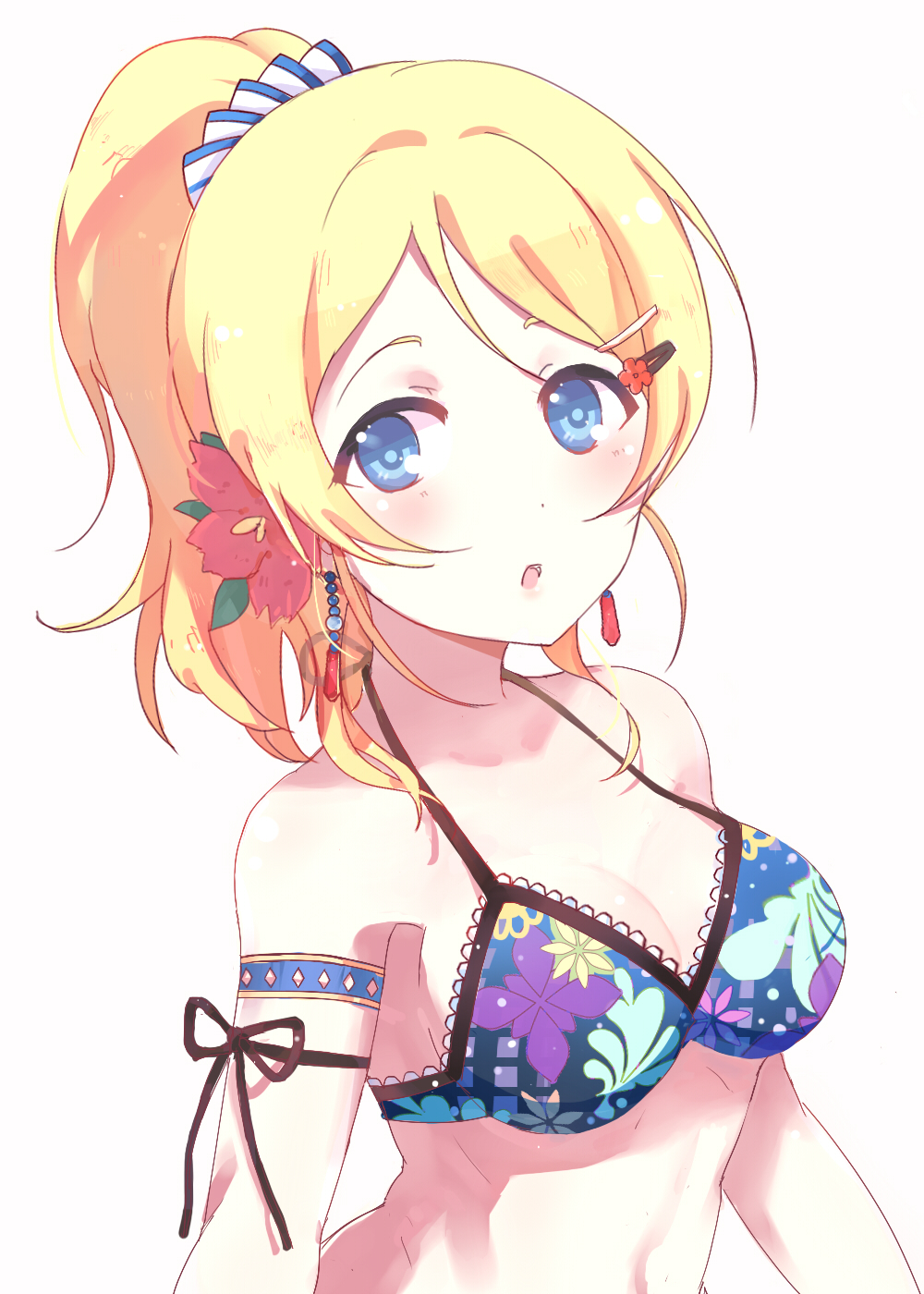 1girl, arm_ribbon, armlet, ayase_eli, bikini, bikini_top_only, black_ribbon, blonde_hair, blue_bikini, blue_eyes, breasts, cleavage, euyueuy, female_focus, flower, hair_flower, hair_ornament, hair_scrunchie, high_ponytail, highres, jewelry, looking_at_viewer, love_live!, love_live!_school_idol_festival, love_live!_school_idol_project, medium_breasts, midriff, open_mouth, ponytail, red_flower, ribbon, scrunchie, sideboob, simple_background, solo, stomach, striped_clothes, striped_scrunchie, swimsuit, upper_body, white_background