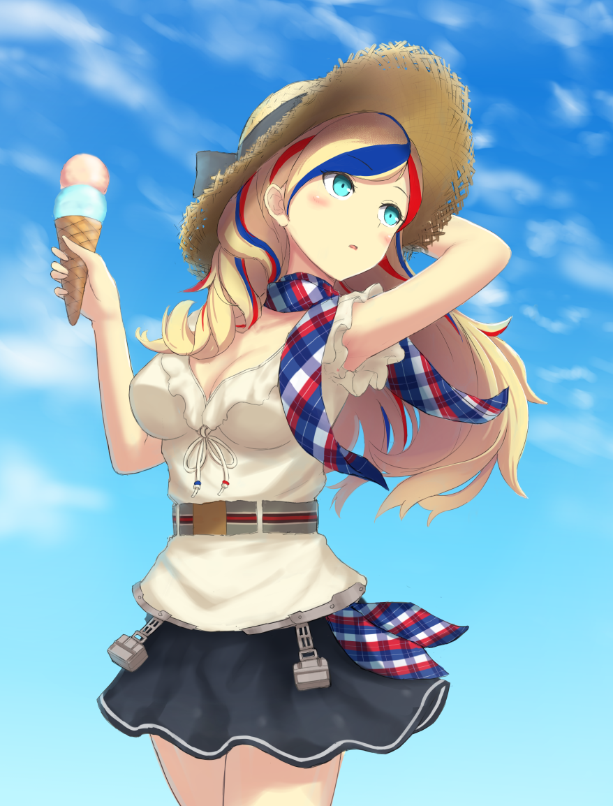 10s, 1girl, adapted_costume, black_skirt, blonde_hair, blue_eyes, blue_hair, breasts, cleavage, commandant_teste_(kancolle), commandant_teste_(summer)_(kancolle), female_focus, food, hat, holding, holding_food, ice_cream, kantai_collection, long_hair, medium_breasts, monoku, multicolored_hair, open_mouth, plaid_clothes, plaid_scarf, red_hair, scarf, skirt, sleeveless, solo, standing, streaked_hair, white_hair