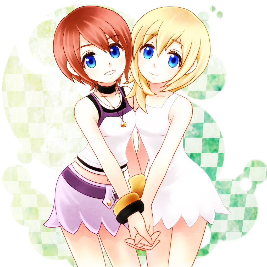 bad_id, bad_pixiv_id, blonde_hair, blue_eyes, brown_hair, cu_be, dress, jewelry, kairi_(kingdom_hearts), kingdom_hearts, kingdom_hearts_ii, multiple_girls, namine, necklace, red_hair, short_hair, siblings, sisters, skirt, twins