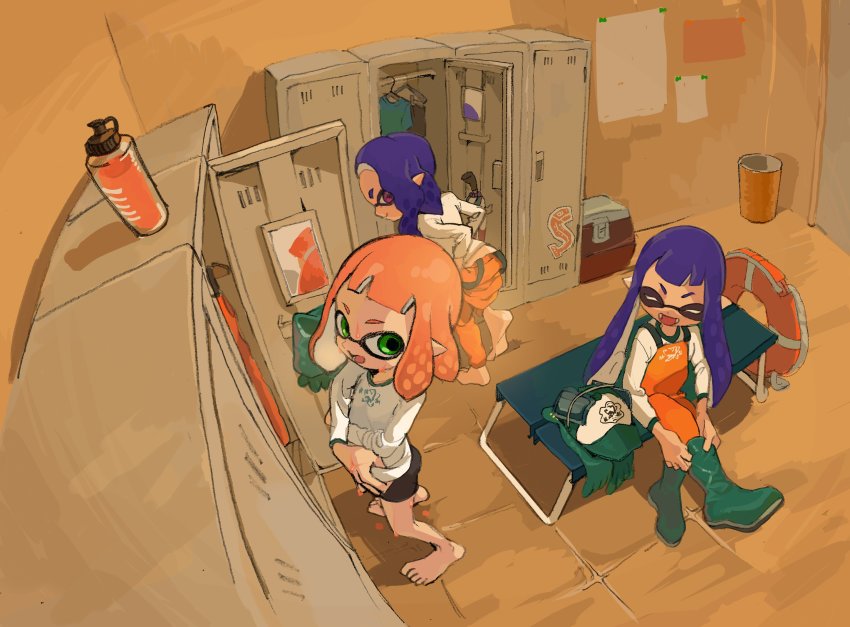 3girls, ^_^, barefoot, blue_hair, blurry, bottle, closed_eyes, depth_of_field, feet, from_above, full_body, green_eyes, hat, highres, indoors, inkling, inkling_girl, inkling_player_character, locker, locker_room, long_sleeves, multiple_girls, nintendo, open_mouth, orange_hair, overalls, pointy_ears, purple_eyes, salmon_run_(splatoon), shiohi, shirt, sitting, slice_of_life, smile, splatoon_(series), splatoon_2, standing, trash_can, undressing