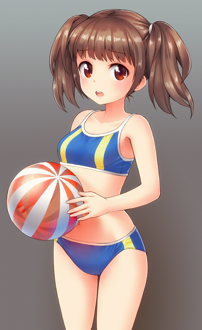 1girl, :o, ball, bare_arms, bare_shoulders, bikini, blue_bikini, blush
