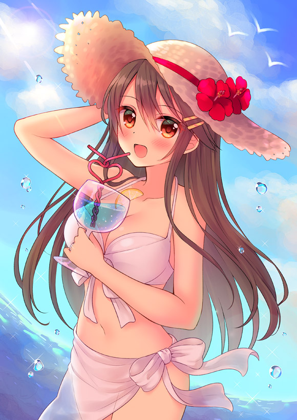 10s, 1girl, :d, alternate_costume, bad_id, bad_pixiv_id, bikini, bird