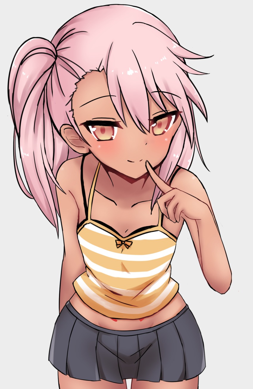 000_(jicasoe), 1girl, aged_down, black_bra, black_skirt, bra, child, chloe_von_einzbern, collarbone, cowboy_shot, dark-skinned_female, dark_skin, fate/kaleid_liner_prisma_illya, fate_(series), female_focus, finger_to_mouth, grey_background, hair_between_eyes, highres, leaning_forward, long_hair, looking_at_viewer, midriff, miniskirt, naughty_face, orange_eyes, pink_hair, pleated_skirt, seductive_smile, shirt, side_ponytail, simple_background, skirt, smile, solo, stomach_tattoo, striped_clothes, striped_shirt, tank_top, tattoo, underwear