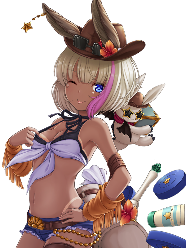 >;p, 1girl, belt, bikini, bikini_tan, bikini_top_only, blue_eyes, breasts, brown_hat, brown_thighhighs, chloe_(granblue_fantasy), closed_mouth, commentary, demon_wings, denim, denim_shorts, ears_through_headwear, erune, female_focus, front-tie_top, granblue_fantasy, hand_on_own_hip, hat, looking_at_viewer, medium_breasts, multicolored_hair, pink_hair, rusha_(r_style), short_shorts, shorts, simple_background, single_thighhigh, smile, solo, star_(symbol), streaked_hair, sunglasses, swimsuit, tan, tanline, thighhighs, two-tone_hair, v-shaped_eyebrows, white_background, white_bikini, white_hair, wings