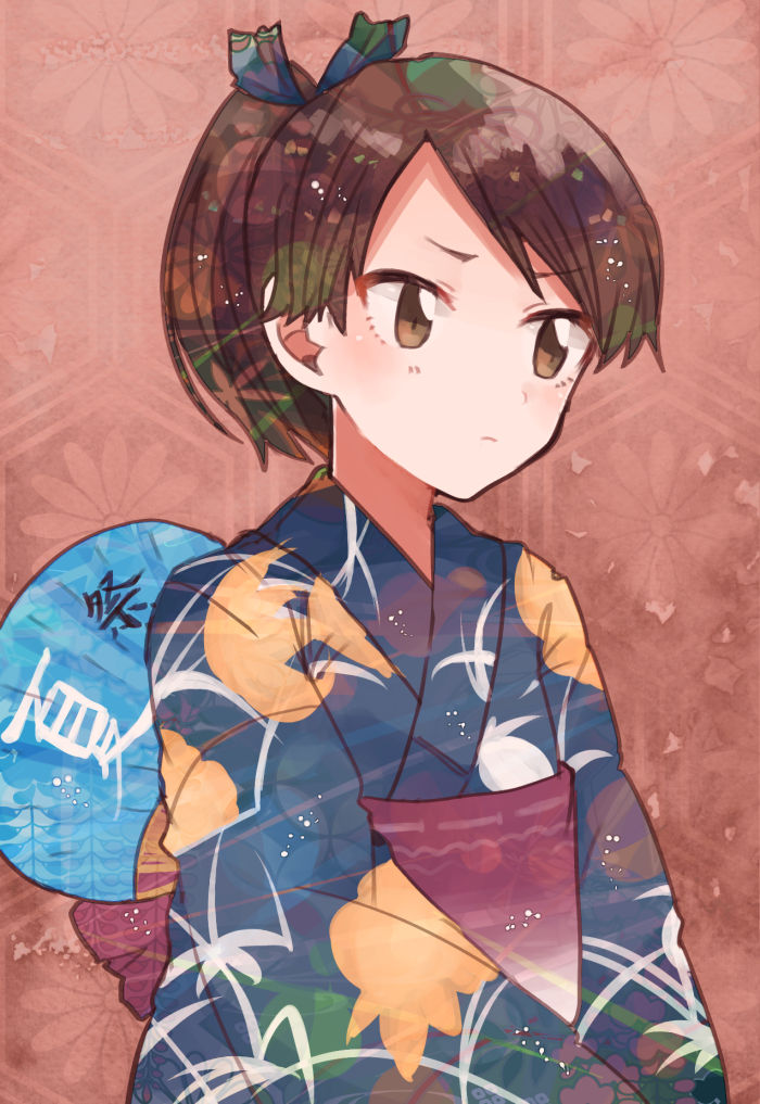 10s, 1girl, alternate_costume, brown_eyes, brown_hair, female_focus, floral_print, hand_fan