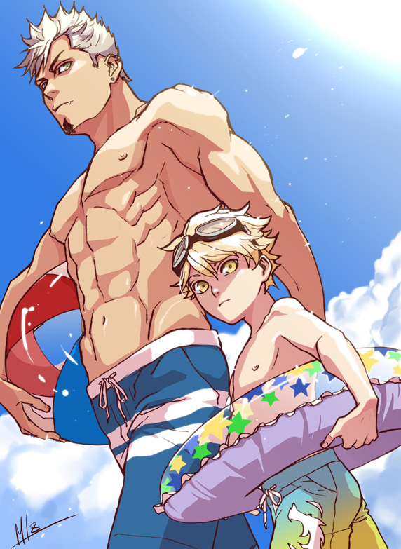 2boys, abs, age_difference, ball, beachball, blonde_hair, blue_male_swimwear, blue_swim_trunks