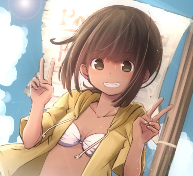 10s, 1girl, alternate_costume, bikini, bikini_top_only, black_eyes, black_hair, blush