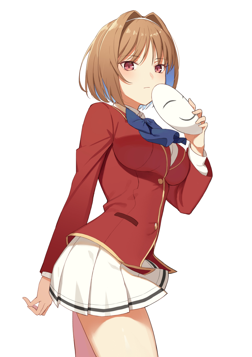 1girl, absurdres, arm_behind_back, bad_id, bad_pixiv_id, blazer, bow, breasts, brown_hair, dark_persona, female_focus, hair_intakes, hairband, hand_on_own_ass, highres, icarus_(artist), jacket, kushida_kikyou, large_breasts, looking_at_viewer, mask, miniskirt, pleated_skirt, purple_eyes, school_uniform, short_hair, skirt, solo, thighs, white_background, youkoso_jitsuryoku_shijou_shugi_no_kyoushitsu_e